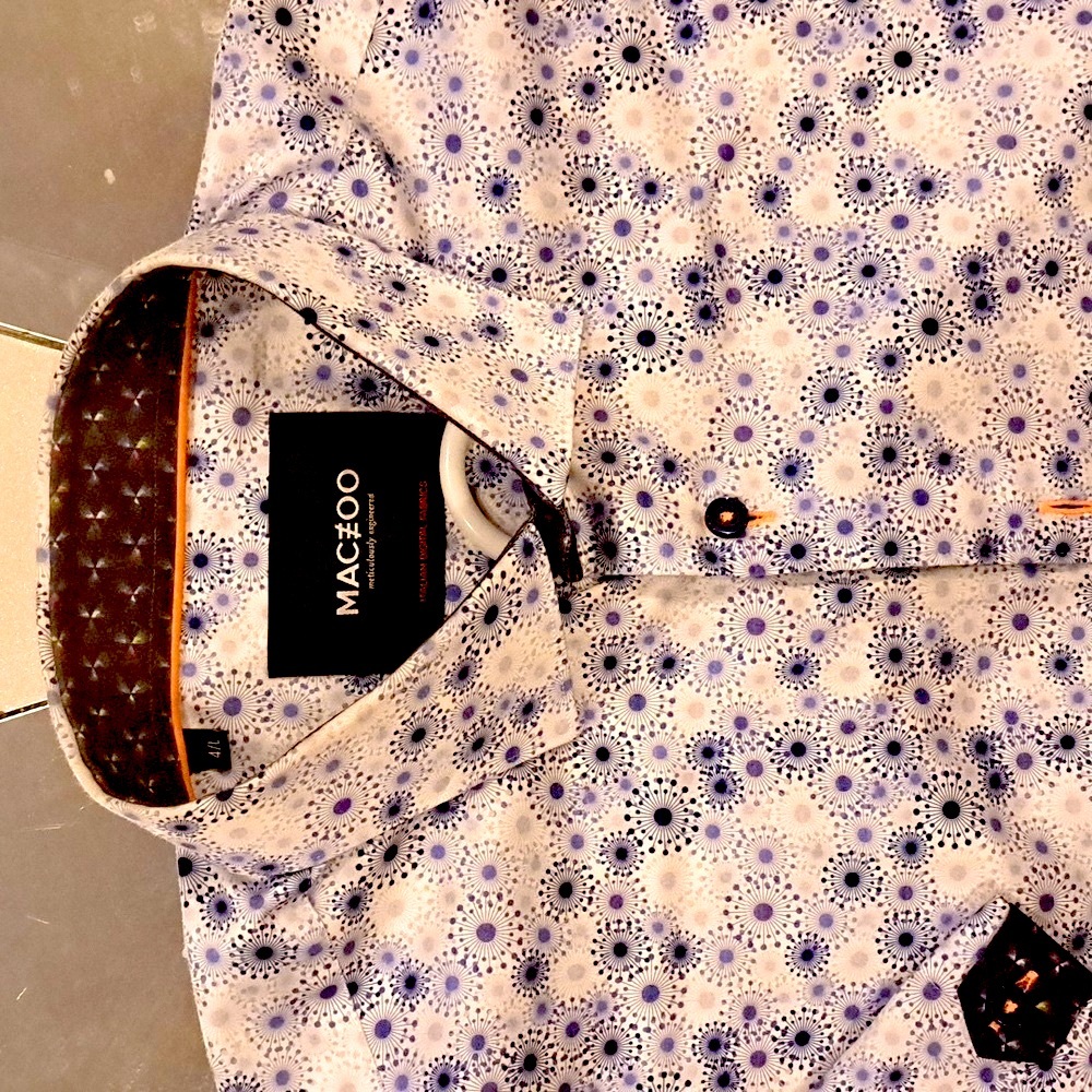 Maceoo, Size Large, Wht/Blue Print, Short Sleeve Casual Shirt